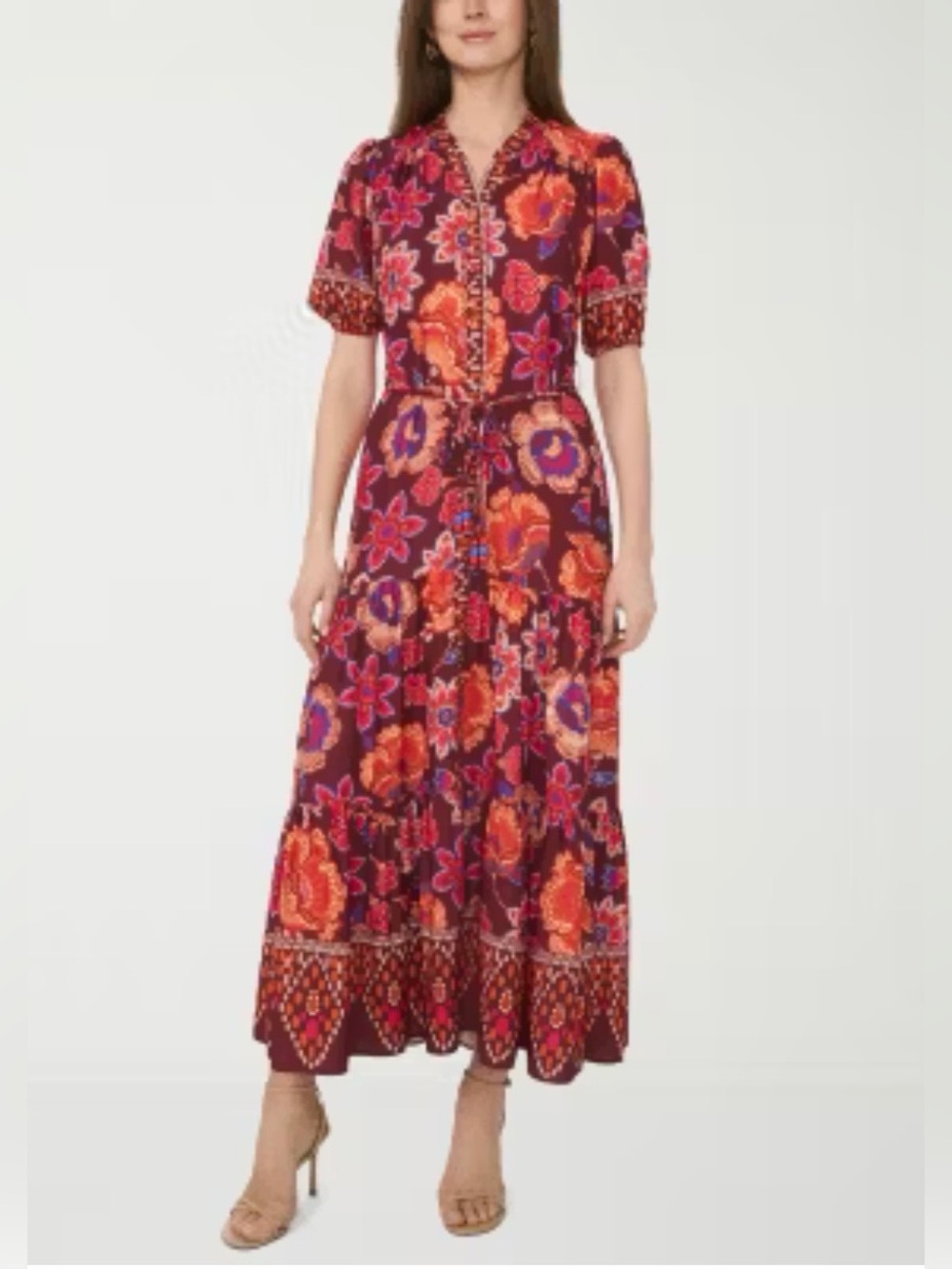 Sam & Jess Floral Boho Button-Front Maxi Dress Burgundy Orange Size XL